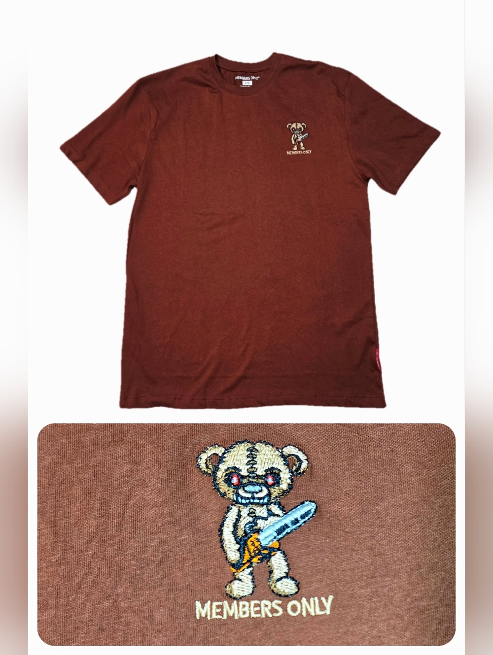 Members Only Graphic T Shirt Men L Embroidered Chest Logo Brown Scary Bear Saw